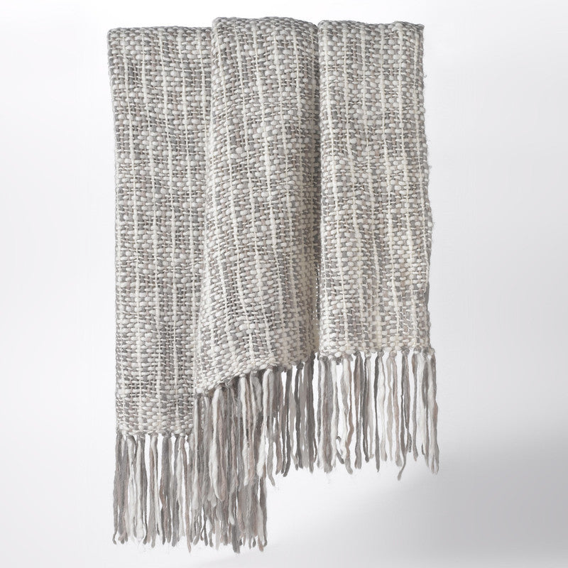 Cozi Grey Ivory Knit Throw with Fringe 50" x 70"