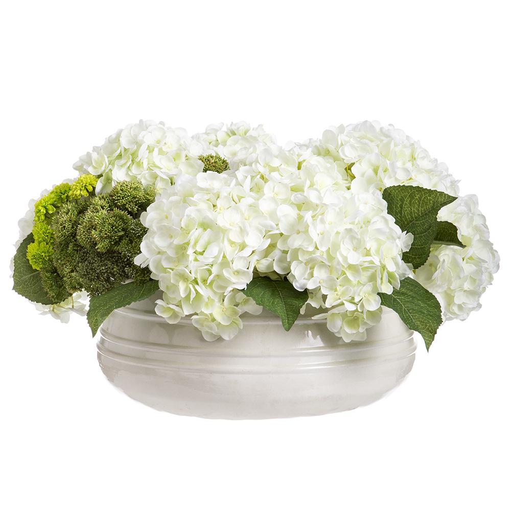 Artificial Faux Hydrangea Sedum in Container White Green