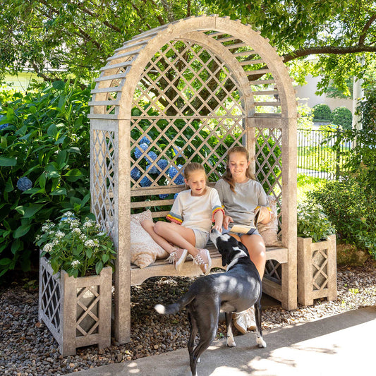 Outdoor Bench & Lattice Iron Garden Trellis