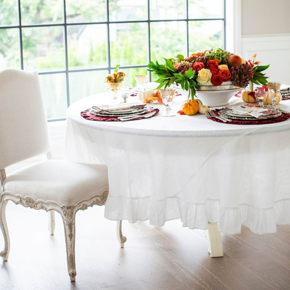 Round Linen Tablecloth 90" Solid White Color Ruffle Border Crown Linen Designs