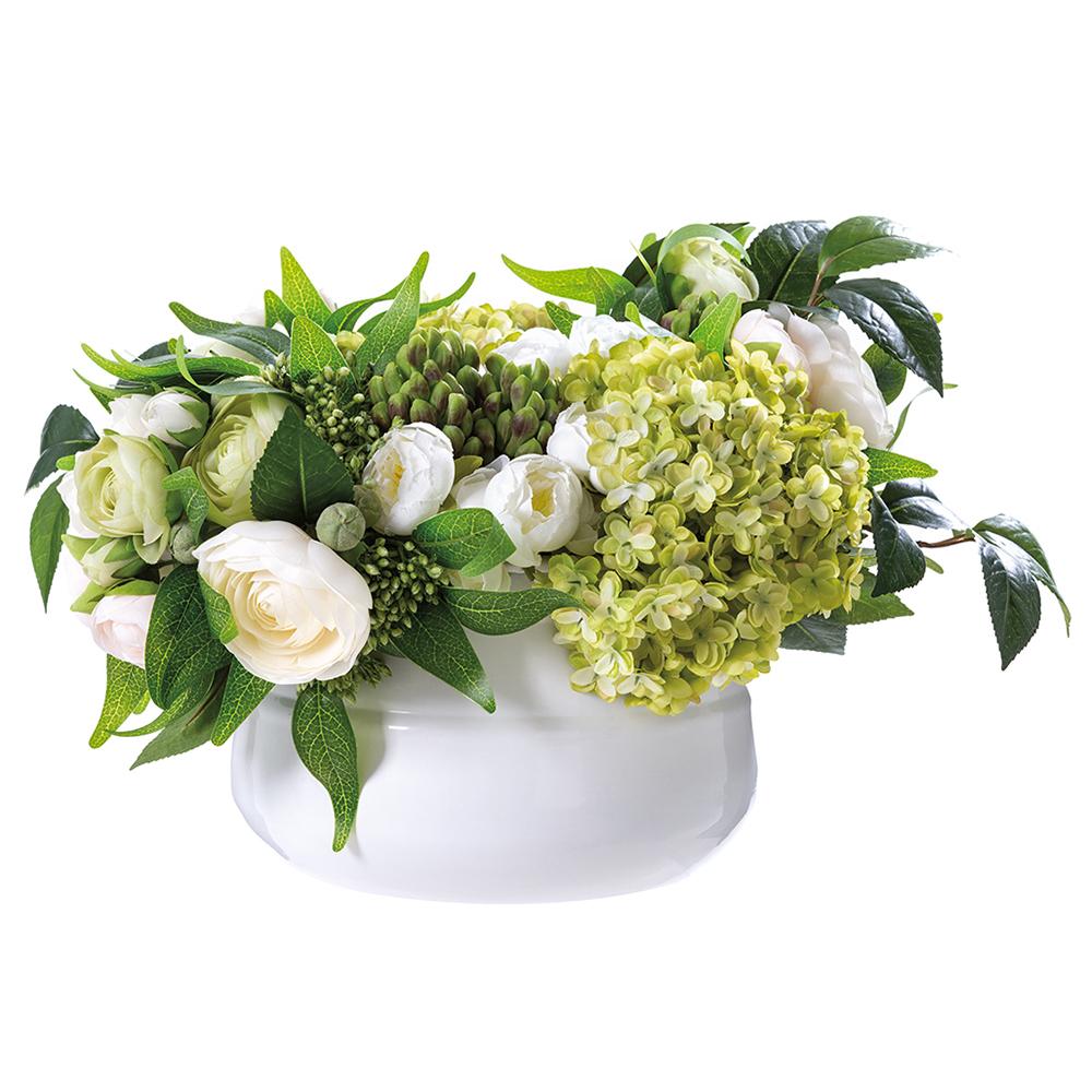 Artificial Ranun/Faux Hydrangea/Bud in White Metal Planter