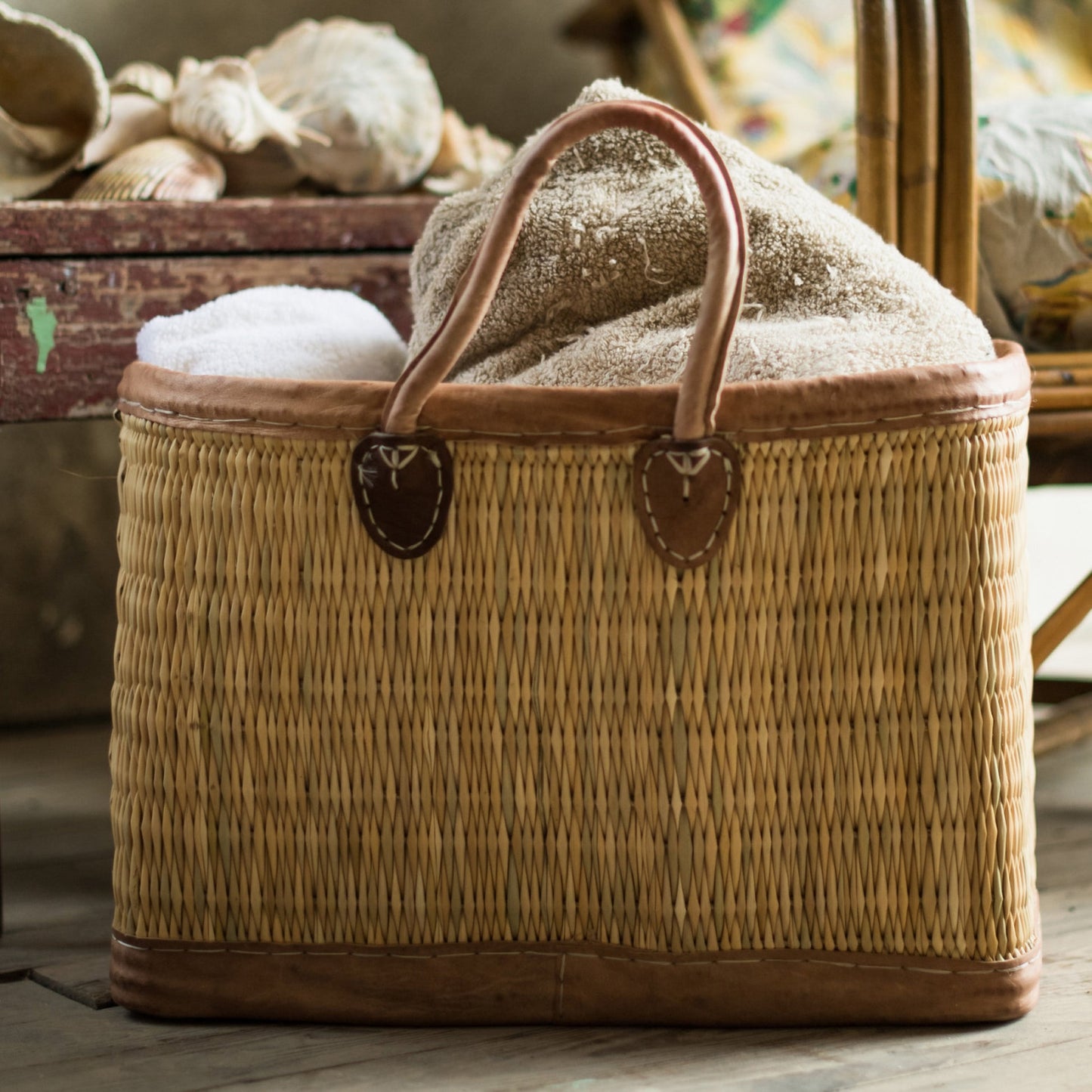 Leather Trimmed Tote Basket, Various Sizes