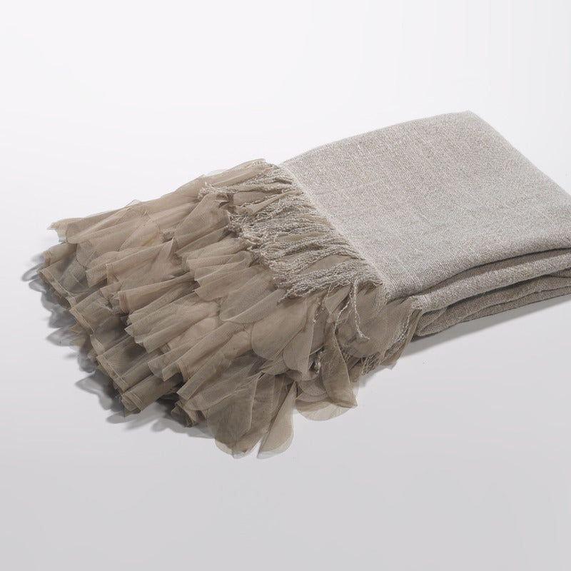 Chichi Flax/Taupe Linen Throw with Cascading Tulle Petal Throw 50"W x 70" L